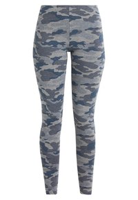 Grå leggings med ett kamouflage-mönster i mörka och ljusa blå nyanser, tillverkade av ett mjukt och stretchigt tyg för komfort och flexibilitet.