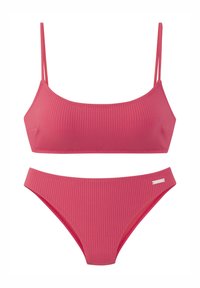 Set di bikini rosa a coste con spalline regolabili. Il top presenta un scollo quadrato, mentre il fondo ha una cintura sottile e una copertura moderata.
