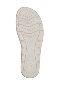 Suela de zapato de goma blanca con patrón de agarre texturizado, que presenta estrías onduladas y una impresión de logo circular. Número 37 marcado en el costado.