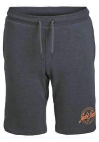 Shorts en coton gris foncé avec une taille élastique, un cordon de serrage et un logo imprimé orange sur la jambe inférieure droite.