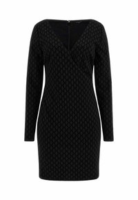 Abito nero a maniche lunghe con design avvolgente, caratterizzato da un sottile motivo testurizzato. Chiusura con zip sul retro; silhouette aderente.