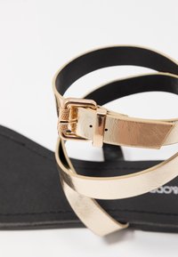 Svart sandal med glansiga guldankelremmar och liten guldspänne, närbild mot vit bakgrund.