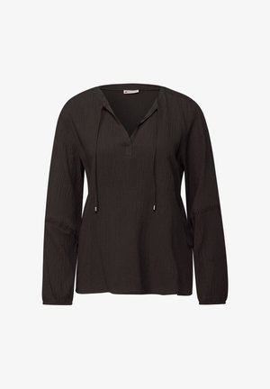 Czarna bluzka z długim rękawem, dekoltem w kształcie litery V, detalami na sznurki, teksturowanym materiałem i koronkowymi akcentami przy mankietach. Luźny krój.