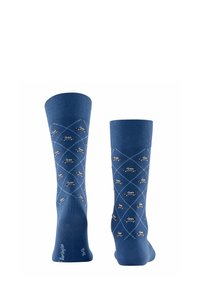 Niebieskie skarpetki z wzorem diamentów, ozdobione małymi motywami samochodów. Wykonane z miękkiego materiału z ściągaczami dla komfortu.