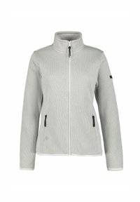 Grijze fleece jas met een gestructureerd ruitpatroon, hoge kraag, voorkant met rits en twee zijzakken met zwarte ritsafsluitingen.
