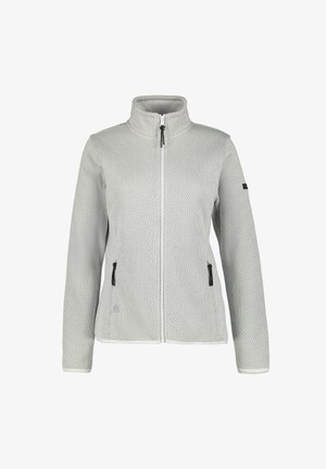 Gray fleece jacket with a textured diamond pattern, high collar, front zipper, and two side pockets with black zipper closures.