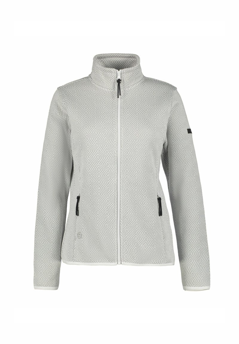 Grijze fleece jas met een gestructureerd ruitpatroon, hoge kraag, voorkant met rits en twee zijzakken met zwarte ritsafsluitingen.