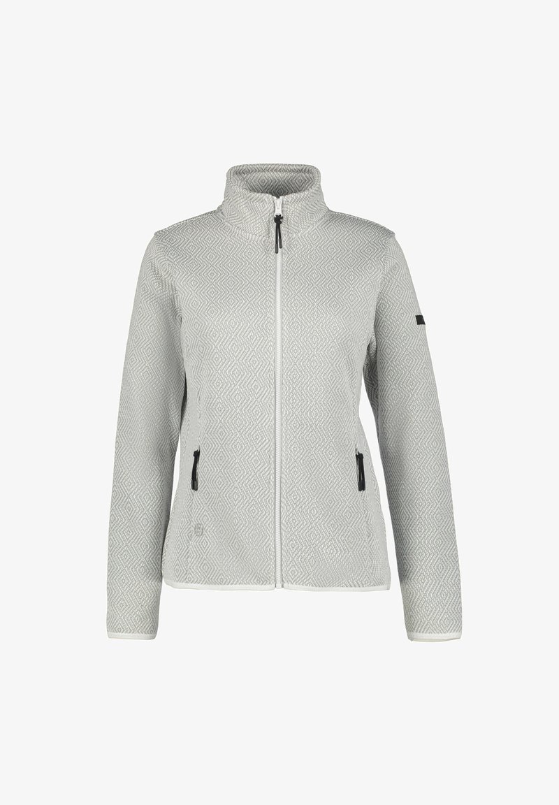 Grijze fleece jas met een gestructureerd ruitpatroon, hoge kraag, voorkant met rits en twee zijzakken met zwarte ritsafsluitingen.