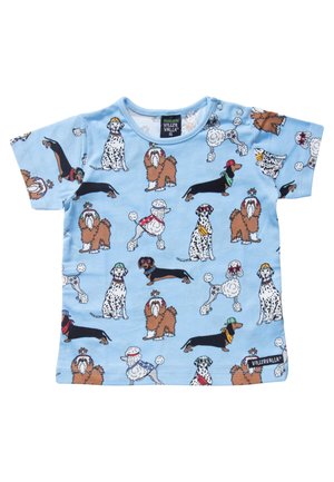 Hellblaues Kinder-T-Shirt mit bunten Cartoon-Hunden, die Hüte und Schals tragen, darunter Pudel, Dalmatiner und Dackel.