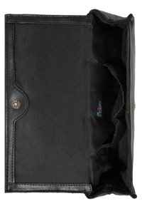 Portefeuille en cuir noir avec une texture lisse et brillante, doté d'une fermeture à pression et d'un compartiment ouvert pour l'organisation.