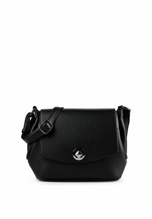 Black textured leather crossbody bag with adjustable strap and silver circular clasp on front flap closure.