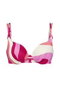 Różowy i biały pasiasty stanik bikini z powiększającymi miseczkami, regulowanymi ramiączkami i zapięciem na hak z tyłu. Gładka tekstura materiału.