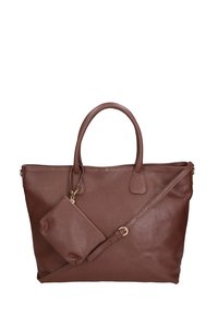 Bruine leren tote bag met twee handvaten en een afneembare schouderband, met een kleine bijpassende rits pouch eraan bevestigd. Gevoerde oppervlakte.