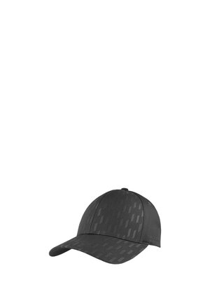Black baseball cap with subtle diagonal pattern and small logo on the side, curved brim, structured six-panel design.