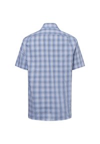 Kurze Hemdenärmeln mit einem blau-weißen Karomuster, aus leichtem Stoff gefertigt. Mit einem klassischen Kragen und einem geraden Saum.