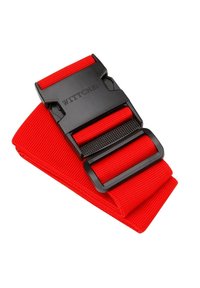Correa de webbing roja con un hebilla de plástico negro que presenta un agarre texturizado y el nombre de la marca grabado "WITTCHEN." Longitud ajustable.