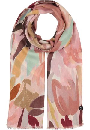 Lightweight scarf with soft pastel floral pattern in shades of pink, beige, brown, green, and red, draped with a small black tag on one edge.