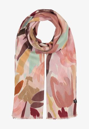 Lightweight scarf with soft pastel floral pattern in shades of pink, beige, brown, green, and red, draped with a small black tag on one edge.