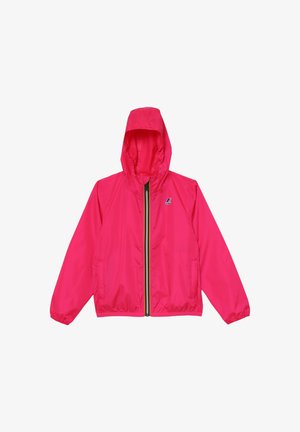 Giacca impermeabile rosa con cappuccio, zip completa, polsini elasticizzati, tasche laterali e logo sul petto. Finitura in tessuto liscia e lucida.
