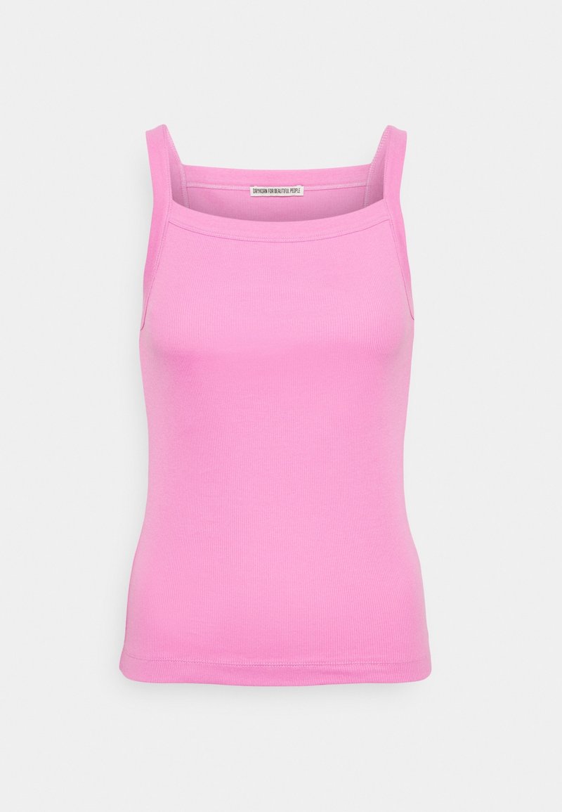 Débardeur rose ajusté avec de fines bretelles, texture à côtes et décolleté rond. Fabriqué en tissu extensible doux pour le confort et la flexibilité.
