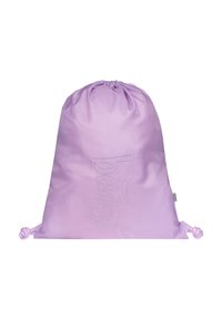 Fioletowy plecak na sznurki wykonany z gładkiego materiału, z subtelnym wzorem wyszywanym, na którym widnieje słowo "bang!" w kontrastowej nitce.