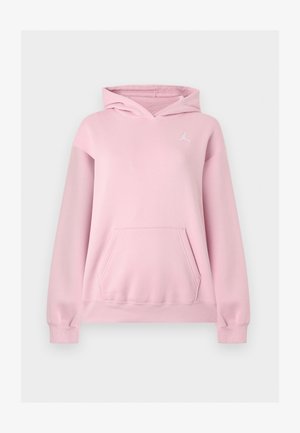 Világos rózsaszín kapucnis pulóver elülső kenguru zsebbel és apró fehér Jumpman logóval a bal mellrészen.