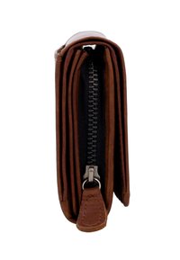 Pruun nahast voltide rahakott musta tõmblukuga ja nahast tõmbluku tõmbajaga, näidatud küljelt valgel taustal.