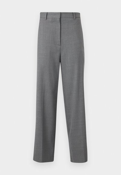 Pantalon de costume gris pour hommes, coupe droite, taille avec passants pour ceinture et fermeture avant dissimulée.