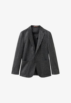 Grauer Tweed-Blazer mit Reverskragen, zwei vorderen Taschen und Ein-Knopf-Verschluss. Texturiert mit subtilen Fischgrätenmuster.