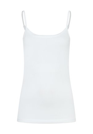 Weißes Camisole-Top mit dünnen, verstellbaren Trägern, aus weichem, dehnbarem Material, mit einfachem Design und figurbetonter Silhouette.