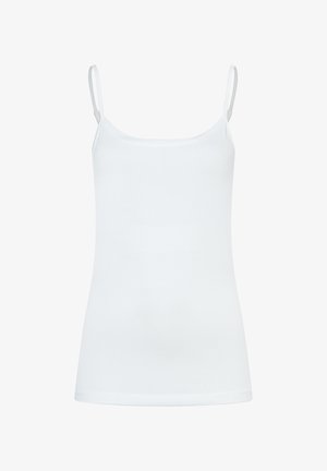 White camisole top with thin adjustable straps, made of soft, stretchy material, featuring a simple design and a fitted silhouette.