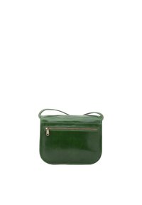 Borsa a tracolla verde in pelle con una texture liscia, bordi arrotondati e una tasca posteriore con zip. Cinghia regolabile per un trasporto comodo.