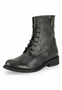 Stivale alla caviglia in pelle nera con lacci e zip laterale, punta arrotondata, tomaia texture, dettagli in ottone e tacco basso impilato.