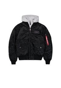 Black bomber jacket with a gray hood, zip closure, ribbed cuffs, side pockets, and a branded patch on the chest. Features a decorative zipper pull.