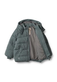 Giacca verde imbottita con chiusura a zip, cappuccio e tasca frontale. Foderata con un motivo a scacchi bianco e nero. Texture liscia.