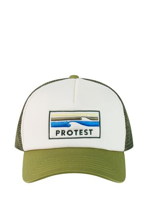 Green and white trucker cap with mesh back and rectangular patch showing landscape and the word "PROTEST" on front.