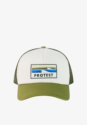 Green and white trucker cap with mesh back and rectangular patch showing landscape and the word "PROTEST" on front.