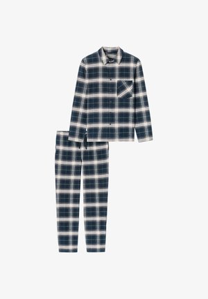 Marinblå och vit rutig långärmad skjorta med knäppning samt matchande rutiga drawstring-byxor, utlagda på en vit bakgrund.