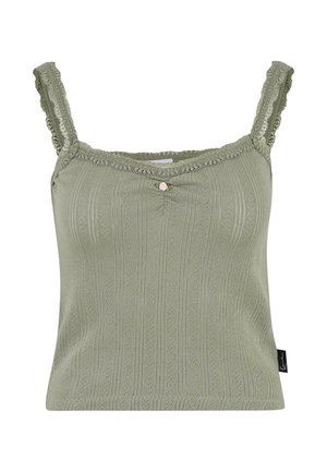 Hellgrünes Tanktop mit Spitzenbesatz und verstellbaren Trägern. Es hat ein strukturiertes Muster und einen kleinen dekorativen Knopf in der Mitte vorne.