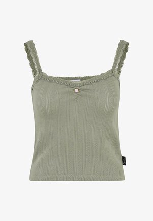 Light green tank top with lace trim and adjustable straps. Features a textured pattern and a small decorative button at the center front.