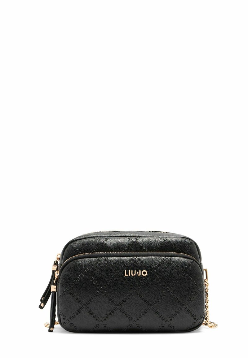 Schwarze Leder-Crossbody-Tasche mit gestepptem Muster, Hardware in Goldtone, doppelten Reißverschlussfächern und geprägtem Logodetail.