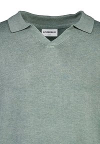 V-ringad tröja i en mjuk grön färg med krage. Tillverkad av ett slätt, lätt tyg med en subtil textur.