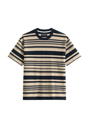 T-shirt in cotone a righe con righe orizzontali navy e beige, scollatura a girocollo, maniche corte e dettagli a costine sul colletto e sui orli.