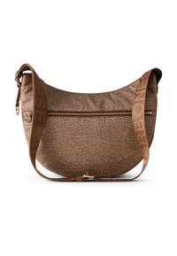 Braun gepunktete Handtasche mit geschwungener Form, Reißverschlusstasche und verstellbarem Träger, auf dem der Markenname in das Material geprägt ist.