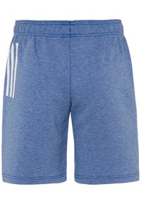 Blå idrottsshorts tillverkade av ett texturerat, andningsbart tyg. Har en elastisk midja och tre vita ränder på sidan.