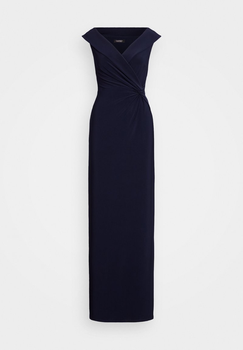 Abito da sera blu navy con design scollato, caratterizzato da un corpino attorcigliato e una silhouette lunga e aderente realizzata in tessuto morbido.