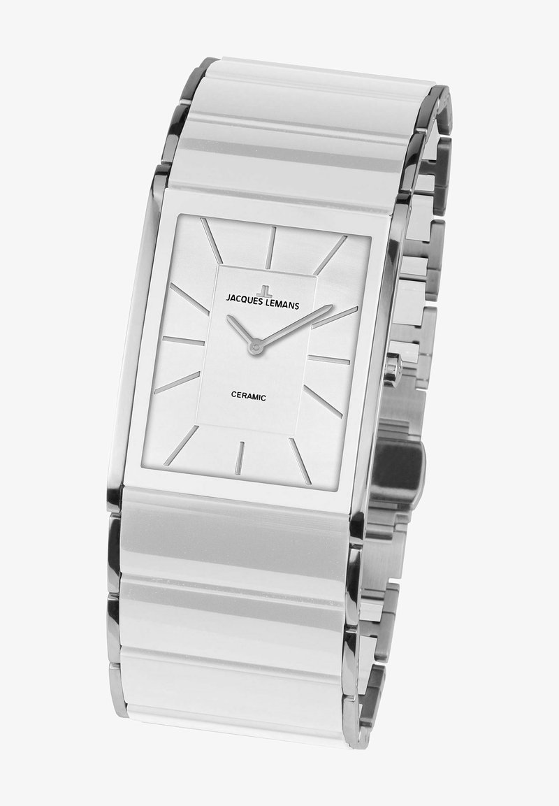 Weißes Keramik-Armbanduhr mit einem rechteckigen Gehäuse aus Silber, minimalistischem Zifferblatt, dünnen silbernen Zeigern und einem Gliederarmband-Design. Markenname auf dem Zifferblatt angezeigt.