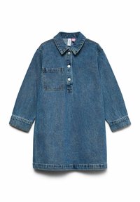 Mėlyna džinsinė suknelė su apykakle, mygtukų priekyje, ilgomis rankovėmis ir vienu krūtiniu kišeniu.