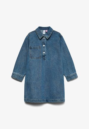 Traper haljina u srednje plavoj boji s ovratnikom, dugim rukavima, dugmadi na prednjem dijelu i jednim džepom na prsima.