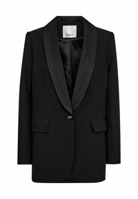 Schwarzer Blazer mit Satinrevers, Ein-Knopf-Verschluss, zwei Vorderaschen und einem glatten Innenfutter. Bietet eine taillierte Struktur und klassisches Design.